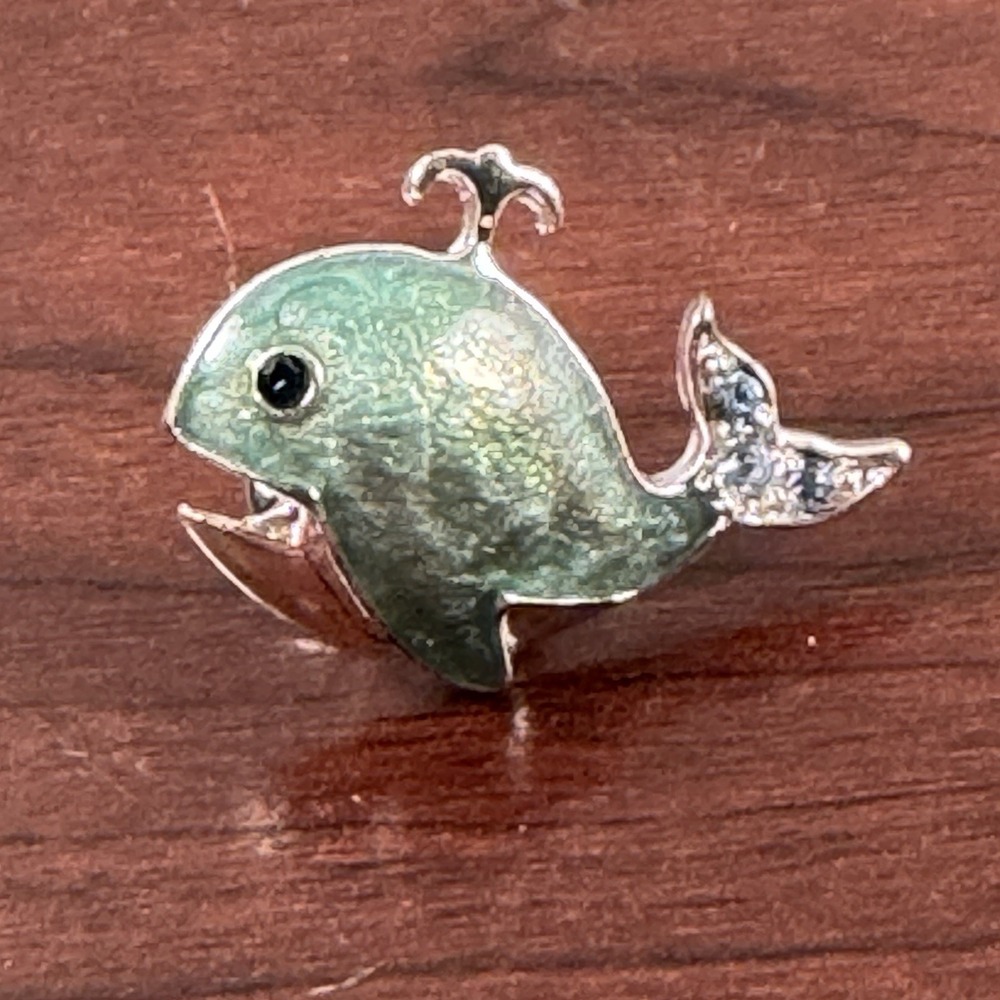Nina Ricci Avon Whale Silver Tone Blue Green Enamel Rhinestone Lapel Pin Brooch